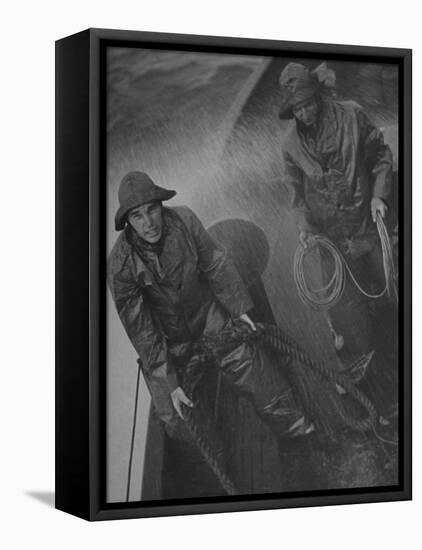 Naval Officers Working on a Ship During a Storm-George Strock-Framed Stretched Canvas