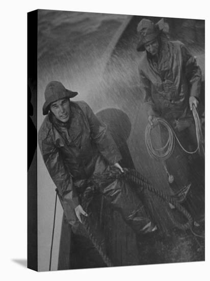 Naval Officers Working on a Ship During a Storm-George Strock-Stretched Canvas