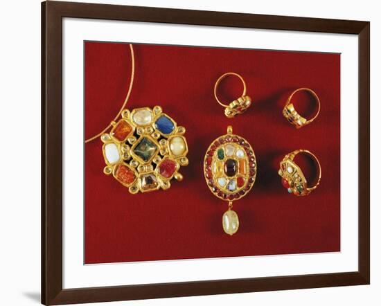 Navaratna Pendants and Rings with Nine Stones Set in Gold-null-Framed Giclee Print