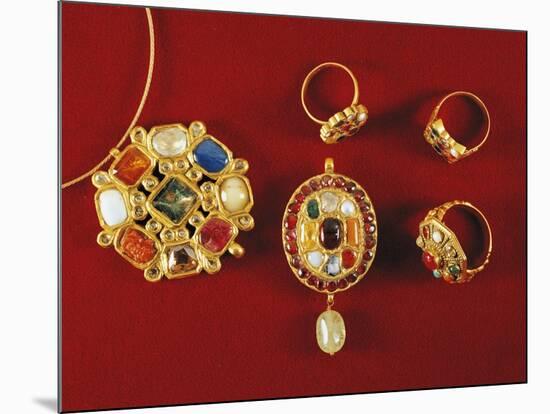 Navaratna Pendants and Rings with Nine Stones Set in Gold-null-Mounted Giclee Print