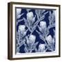 Navy Blue and White Protea Flower Illustration. Seamless Pattern Repeat.-PinkCactus-Framed Art Print