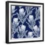 Navy Blue and White Protea Flower Illustration. Seamless Pattern Repeat.-PinkCactus-Framed Art Print