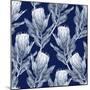 Navy Blue and White Protea Flower Illustration. Seamless Pattern Repeat.-PinkCactus-Mounted Art Print
