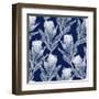 Navy Blue and White Protea Flower Illustration. Seamless Pattern Repeat.-PinkCactus-Framed Art Print