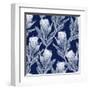 Navy Blue and White Protea Flower Illustration. Seamless Pattern Repeat.-PinkCactus-Framed Art Print