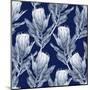 Navy Blue and White Protea Flower Illustration. Seamless Pattern Repeat.-PinkCactus-Mounted Art Print