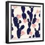 Navy Blue Hand Drawn Cactus Tropical Garden Seamless Pattern. in Light Pink Background.-MSNTY-Framed Art Print