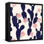 Navy Blue Hand Drawn Cactus Tropical Garden Seamless Pattern. in Light Pink Background.-MSNTY-Framed Stretched Canvas