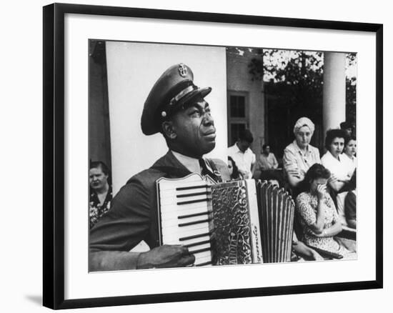 Navy CPO Graham Jackson Playing Accordian, Crying as Franklin D Roosevelt's Body is Carried Away-Ed Clark-Framed Photographic Print