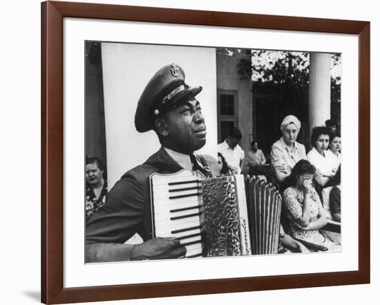 Navy CPO Graham Jackson Playing Accordian, Crying as Franklin D Roosevelt's Body is Carried Away-Ed Clark-Framed Photographic Print