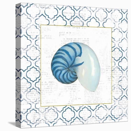 Navy Nautilus Shell on Newsprint with Gold-Emily Adams-Stretched Canvas