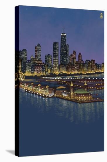 Navy Pier and Chicago Skyline - NO TEXT-Lantern Press-Stretched Canvas