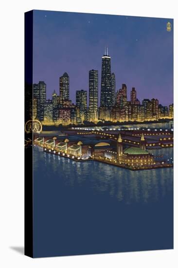 Navy Pier and Chicago Skyline - NO TEXT-Lantern Press-Stretched Canvas