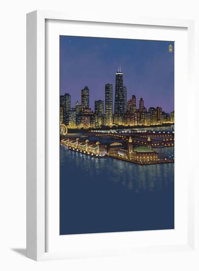 Navy Pier and Chicago Skyline - NO TEXT-Lantern Press-Framed Art Print