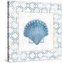 Navy Scallop Shell on Newsprint with Gold-Emily Adams-Stretched Canvas