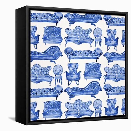Navy Victorian Lounge Pattern-Cat Coquillette-Framed Stretched Canvas