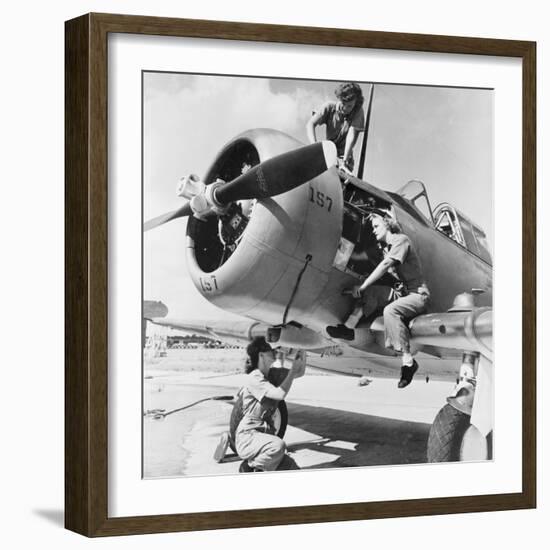 Navy Wave Aviation Machinist's Mates, Working on an North American Aviation Snj Training Plane-null-Framed Photo