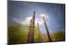 Naxi Poles with Wood Carvings with Moving Clouds in a Long Exposure, Lijiang, Yunnan, China, Asia-Andreas Brandl-Mounted Photographic Print