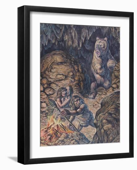 Neanderthal Humans Confronted by a Cave Bear-null-Framed Art Print