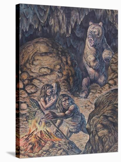 Neanderthal Humans Confronted by a Cave Bear-null-Stretched Canvas