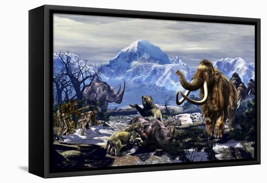 Neanderthals Approach a Group of Machairodontinae Feeding with a Herd of Woolly Mammoths-Stocktrek Images-Framed Stretched Canvas