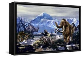 Neanderthals Approach a Group of Machairodontinae Feeding with a Herd of Woolly Mammoths-Stocktrek Images-Framed Stretched Canvas