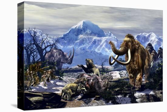 Neanderthals Approach a Group of Machairodontinae Feeding with a Herd of Woolly Mammoths-Stocktrek Images-Stretched Canvas