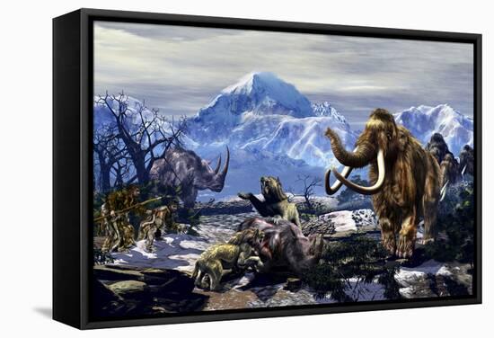 Neanderthals Approach a Group of Machairodontinae Feeding with a Herd of Woolly Mammoths-Stocktrek Images-Framed Stretched Canvas