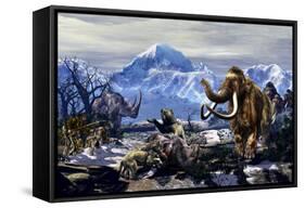 Neanderthals Approach a Group of Machairodontinae Feeding with a Herd of Woolly Mammoths-Stocktrek Images-Framed Stretched Canvas