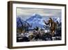 Neanderthals Approach a Group of Machairodontinae Feeding with a Herd of Woolly Mammoths-Stocktrek Images-Framed Premium Giclee Print