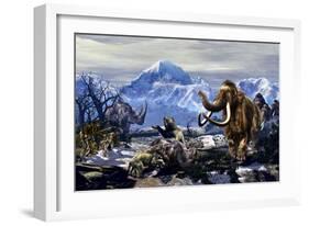 Neanderthals Approach a Group of Machairodontinae Feeding with a Herd of Woolly Mammoths-Stocktrek Images-Framed Art Print