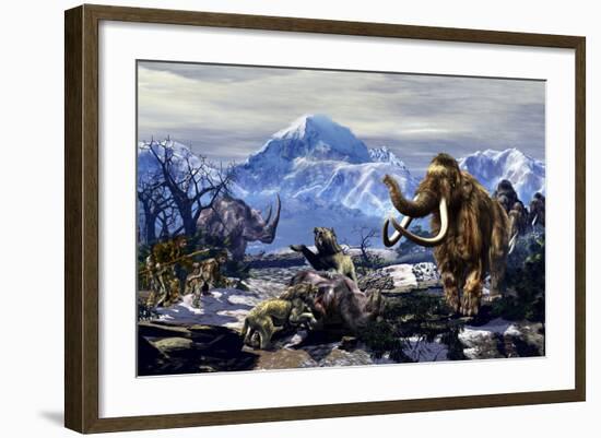 Neanderthals Approach a Group of Machairodontinae Feeding with a Herd of Woolly Mammoths-Stocktrek Images-Framed Art Print