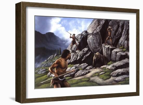 Neanderthals Hunt a Cave Bear-null-Framed Art Print