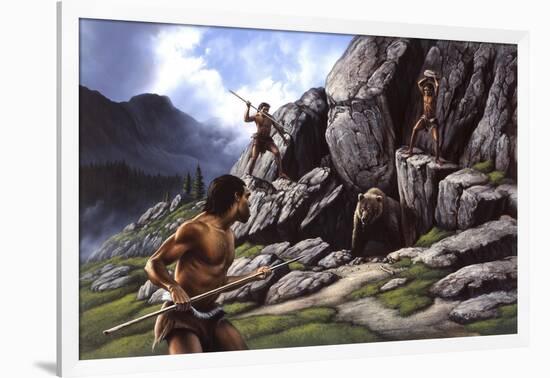 Neanderthals Hunt a Cave Bear-null-Framed Art Print