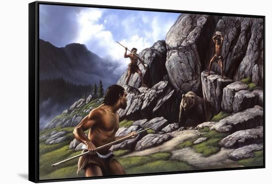 Neanderthals Hunt a Cave Bear-null-Framed Stretched Canvas