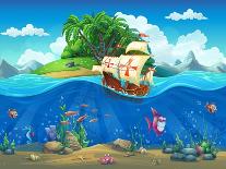 Undersea World with Island and Sailing Ship. Marine Life Landscape - the Ocean and the Underwater W-Nearbirds-Art Print