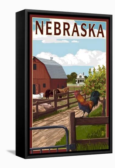 Nebraska - Barnyard Scene-Lantern Press-Framed Stretched Canvas