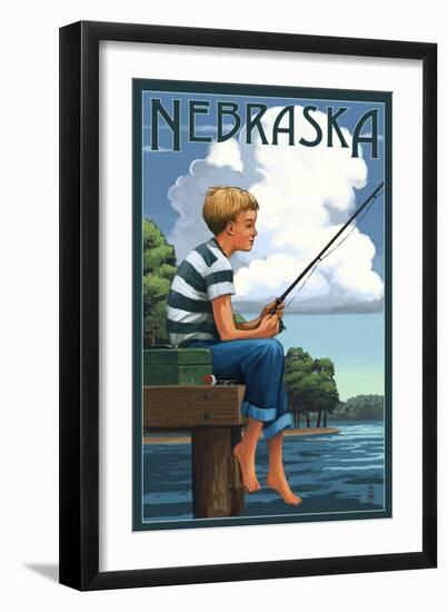 Nebraska - Boy Fishing-Lantern Press-Framed Art Print