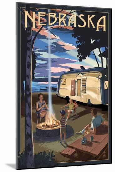 Nebraska - Retro Camper and Lake-Lantern Press-Mounted Art Print