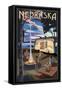 Nebraska - Retro Camper and Lake-Lantern Press-Framed Stretched Canvas