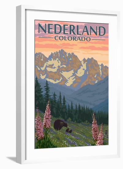 Nederland, Colorado - Bears and Spring Flowers-Lantern Press-Framed Art Print