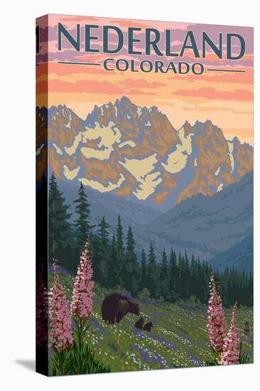 Nederland, Colorado - Bears and Spring Flowers-Lantern Press-Stretched Canvas