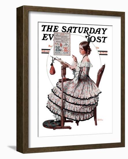 "Needlepoint" Saturday Evening Post Cover, March 1,1924-Norman Rockwell-Framed Giclee Print