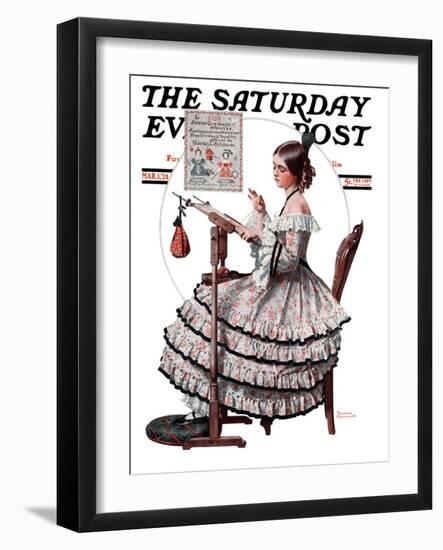 "Needlepoint" Saturday Evening Post Cover, March 1,1924-Norman Rockwell-Framed Giclee Print