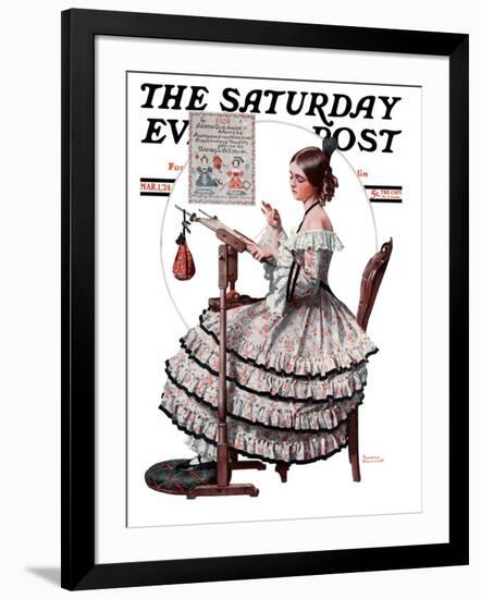 "Needlepoint" Saturday Evening Post Cover, March 1,1924-Norman Rockwell-Framed Giclee Print