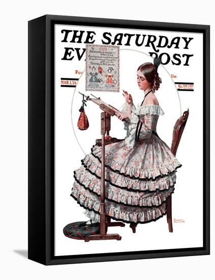 "Needlepoint" Saturday Evening Post Cover, March 1,1924-Norman Rockwell-Framed Stretched Canvas