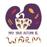 Cute Hygge Illustration with Yellow Autumn Leaves, Lettering and Violet Blob. White Background. Fla-nefedova_da-Art Print