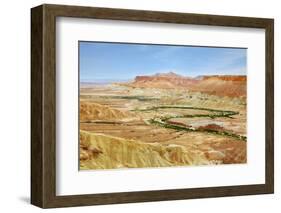 Negev Desert. Creek Meanders through the Picturesque Wilderness and Marked Bright Green Vegetation-kavram-Framed Photographic Print