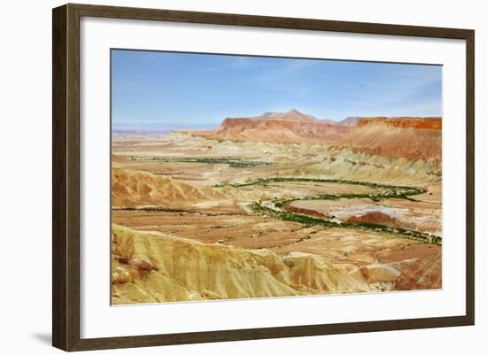 Negev Desert. Creek Meanders through the Picturesque Wilderness and Marked Bright Green Vegetation-kavram-Framed Photographic Print