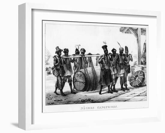 Negres Cangueiros' - Black Porters Carry a Cask, Engraved by Thierry Freres (Fl.1827-45), 1835-Jean Baptiste Debret-Framed Giclee Print